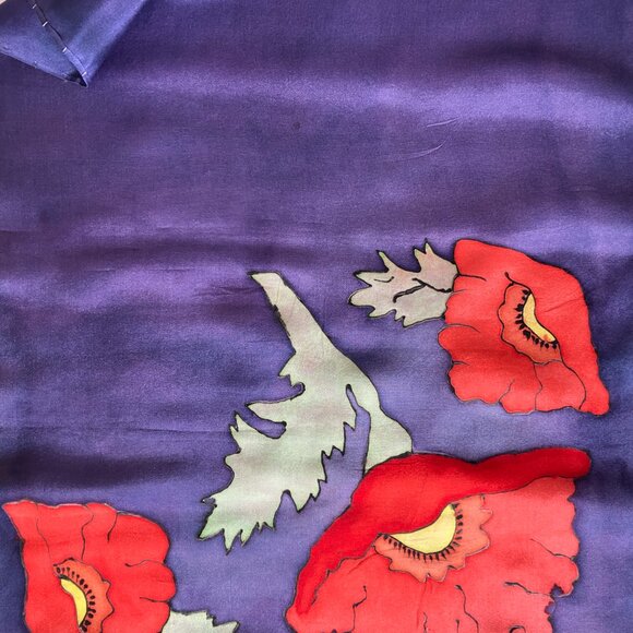 VTG 80s Silk Hand Painted Scarf Purple with Bright Flowers at Both Ends 53 X 11 - Picture 10 of 12